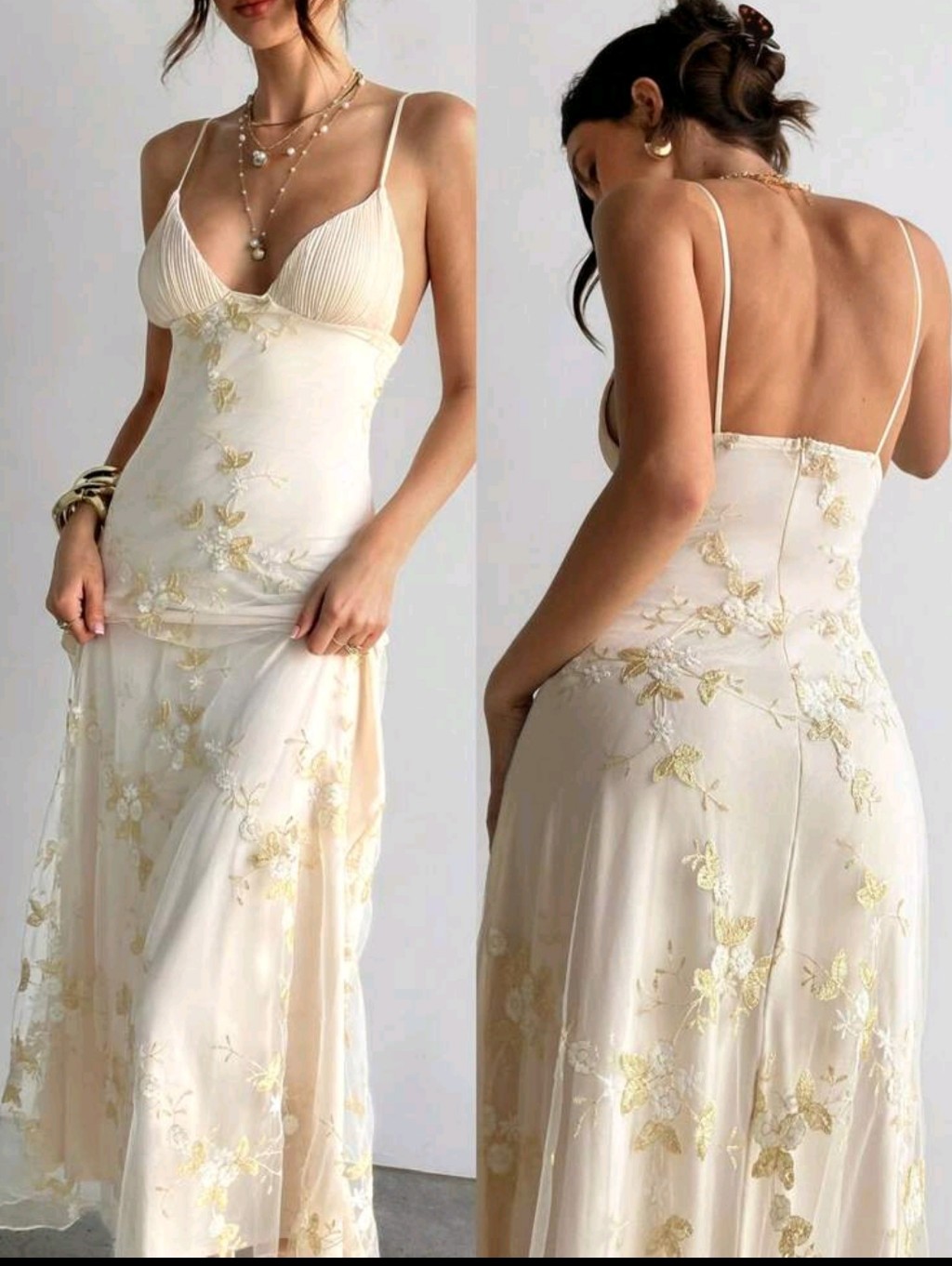 Women's White Floral Elegant Party Maxi Dress, Deep V Ruched Bust Embroidered
